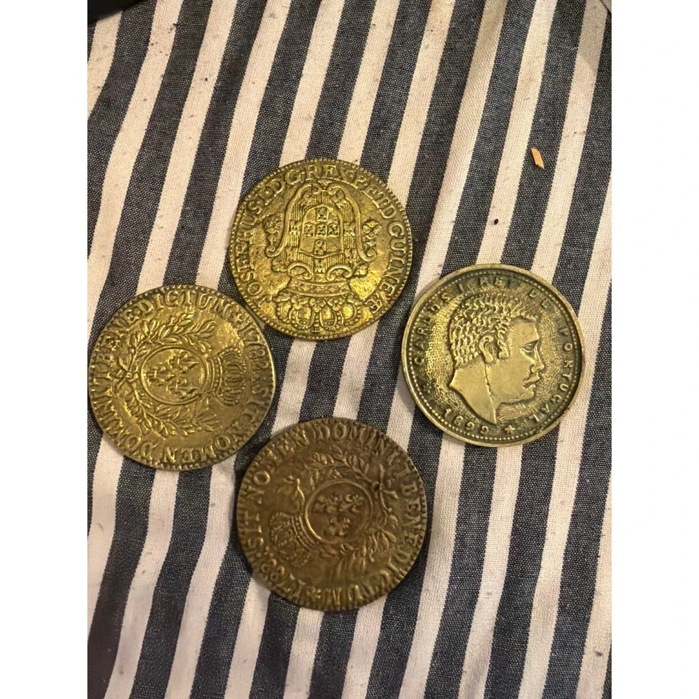 Vintage SMR Portugal Brass Coin Coasters Set of 4 Carlos‎ I Rei de Portugal 1889
